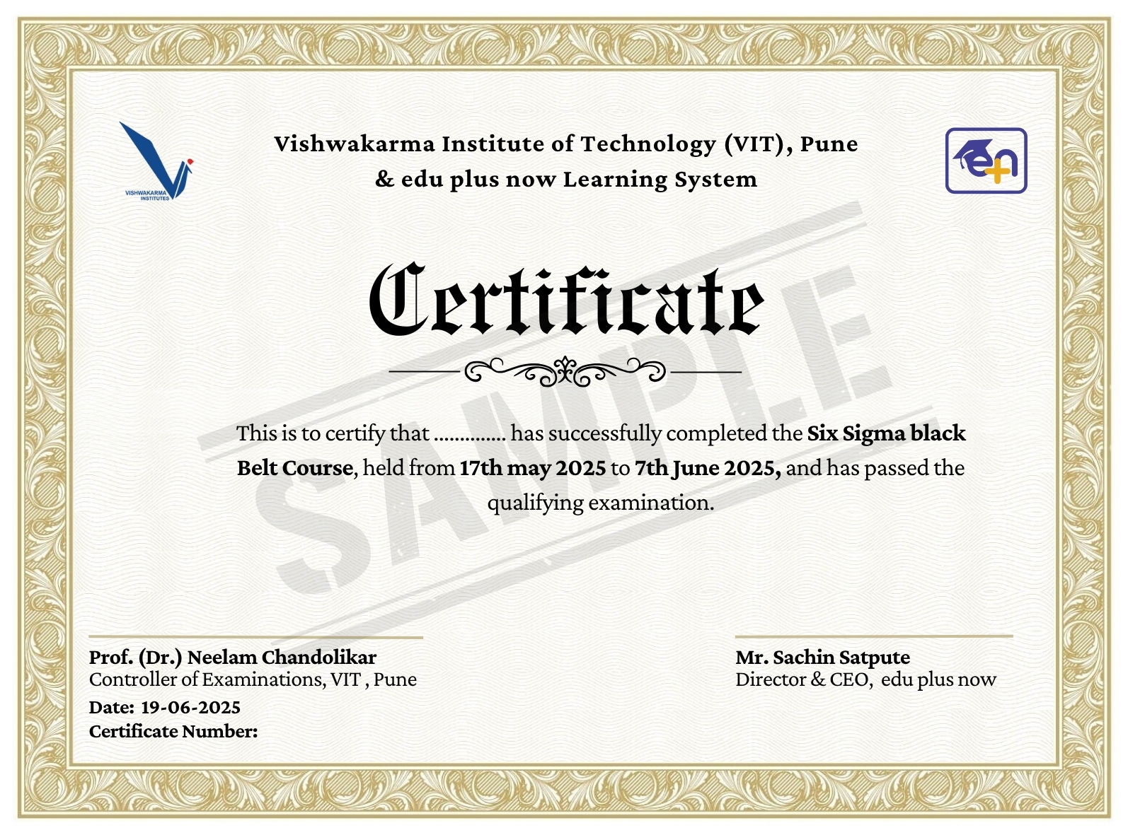 edu plus now VIT Pune Certified Six Sigma Black Belt Banner